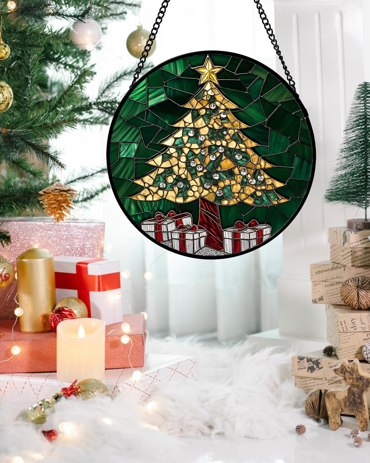Stained Glass Window Hanging -Gold Green Christmas Tree Suncatcher for Doors Home Christmas Decoration Winter Sun Catcher Thanksgiving New Year Birthday Gifts for Women Men Mom Nana 15 in