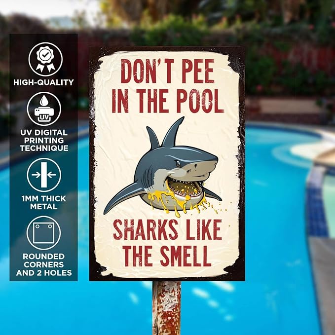 Don't Pee in the Pool Sign Poolside Comedy Club: 12x8in Tinplate Signs for Outdoor Pool Rules & Dad Jokes That Last