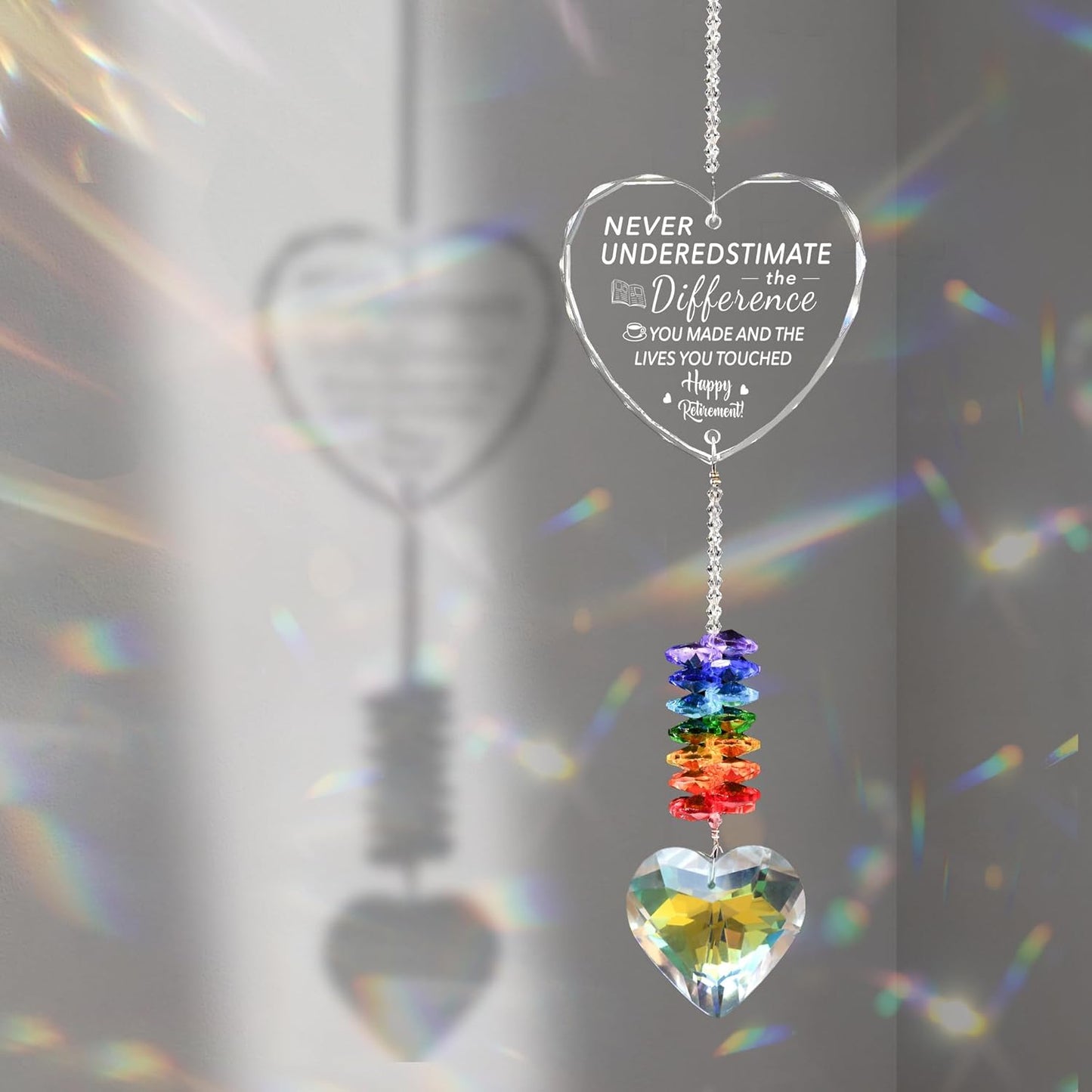 Happy Retirement Crystal Suncatcher Gifts for Women, Men - Window Hanging Crystal Heart Prism Sun Catcher Rainbow Maker Pendant