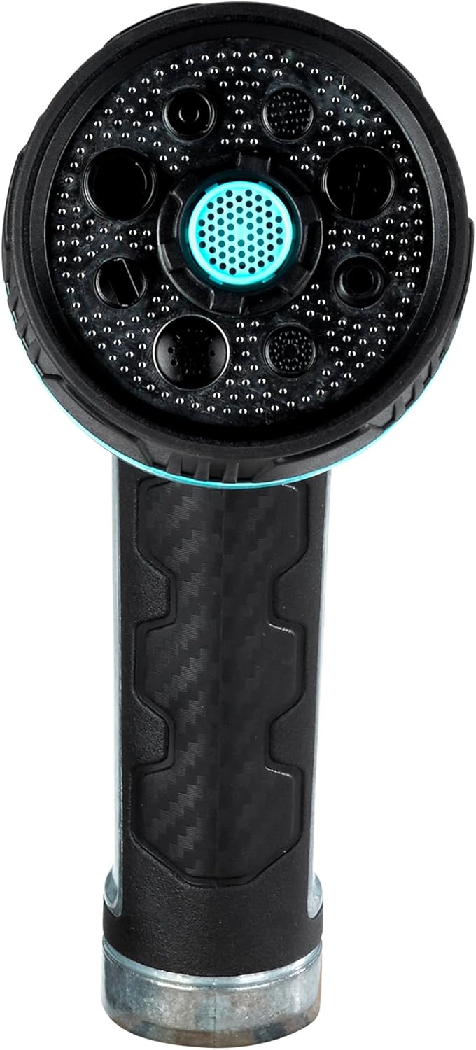 Heavy Duty High Pressure Metal 8 Pattern Hose Nozzle 500011 with Thumb Control and Extended Handle Comfort Grip by New England Garden Tools for Cleaning, Watering Plants & Yards, Washing Cars & Pets