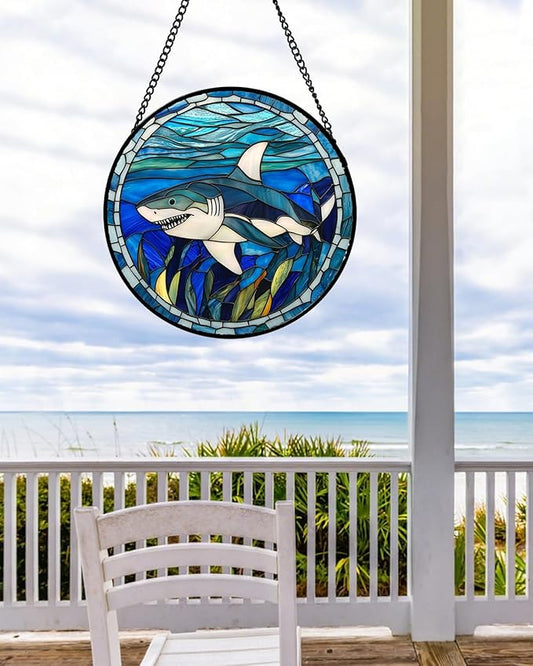 Stained Glass Suncatcher, Blue Ocean Big Shark Sun Catcher Waterweed Stain Glass Window Hanging Decoration Mother's Day Birthday Gifts for Women Men Mom Nana 15 in