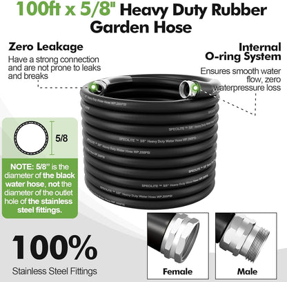 SPECILITE 5/8" Garden Hose 100 ft with High Flow Nozzle, Heavy Duty Flexible Hybrid Rubber Water Hose for Outdoor, Lightweight, Leak-Proof, No-Kink, 3/4"Stainless Steel Fittings,Black