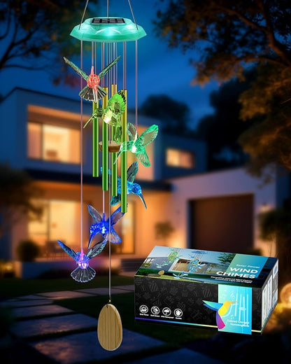 Hummingbird Solar Wind Chimes, Birthday Memorial Gifts for Women Mom, Glowing Top Color Changing Hummingbirds Moblie LED Wind Chime for Outside, Outdoor Home Party Garden Decor Light(Green)