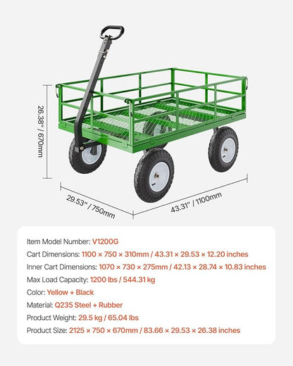 VEVOR 1200 Lbs Steel Garden Cart, Heavy Duty Pullable Garden Wagon Yard Cart, 2 in 1 Outdoor Metal Utility Wagon Yard Trailer with 13" All Terrain Tires, Mesh Removable Sides and 180°Rotating Handle