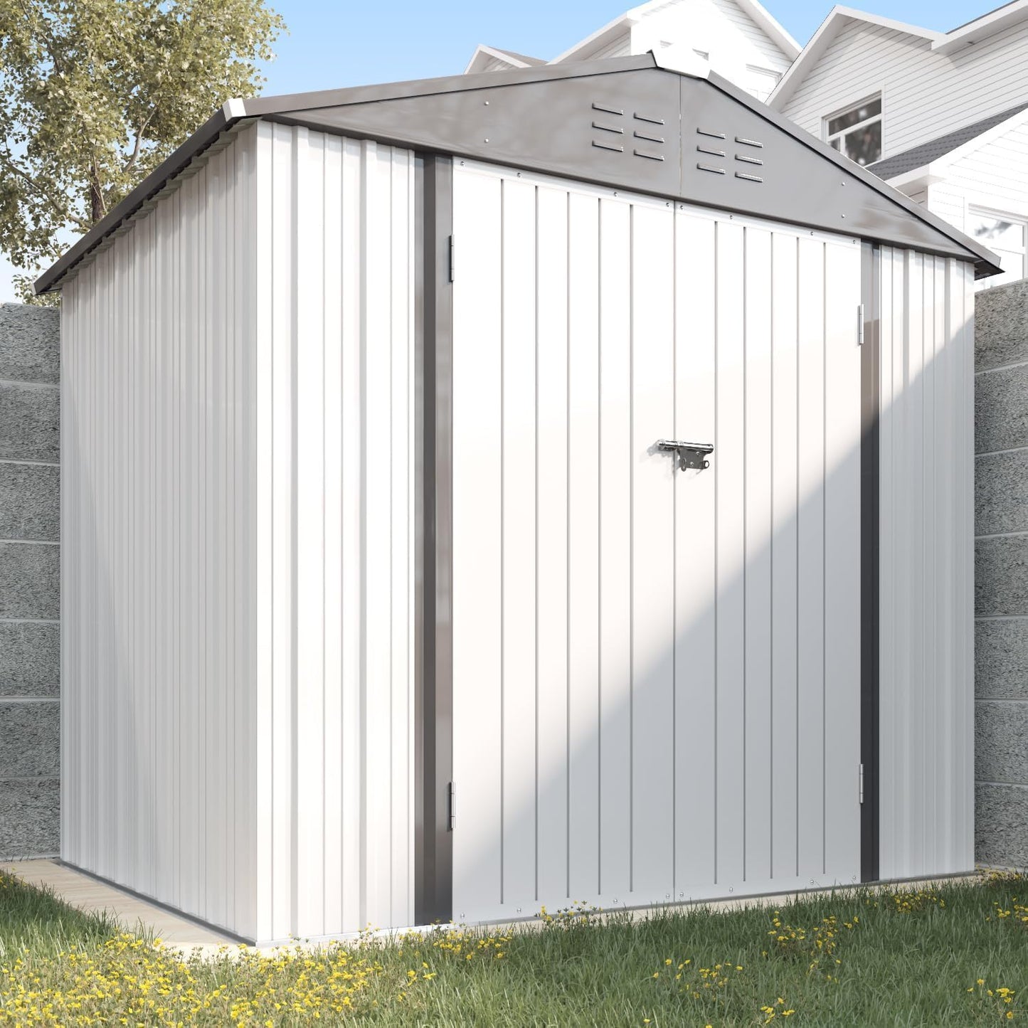 Greesum 8x6FT Outdoor Storage Shed, Utility Tool Shed Metal Storage Garden Shed with Door & Lock for Patio Storage, White