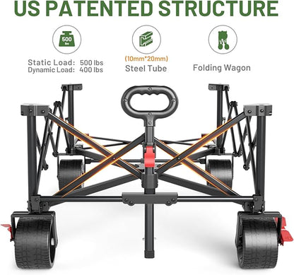 TIMBER RIDGE 600L Beast Wagon 26" W Extra Wide All Terrain Folding w/Big Wheels, Cargo Net & Tailgate, 26" W and 55.25" L, Capacity and 400lbs Heavy Duty Collapsible Portable Cart, Grey
