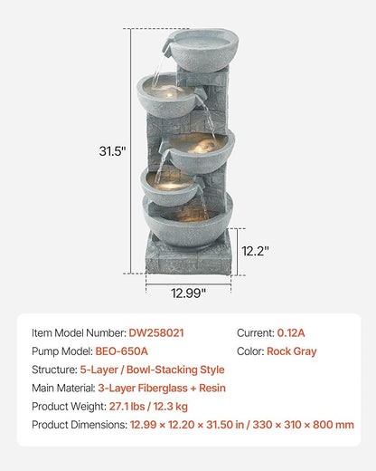 VEVOR Outdoor Water Fountain, 31.5 in Height Fountain and Waterfall, 5-Tier Floor Standing Bowl-Shaped Cascading Fountains with LED Light and Pump, for Outdoor Indoor Garden, Home, Patio & Backyard