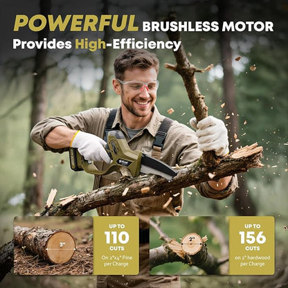 Mini Chainsaw Cordless 5 inch 36Ft/s Brushless Electric Chainsaw Pruning Saw with 21V 5Ah Battery 2PCS PD Fast Charging Batteries & 2 Chains for Tree Branch Wood Cutting Gardening for Men Dad Husband