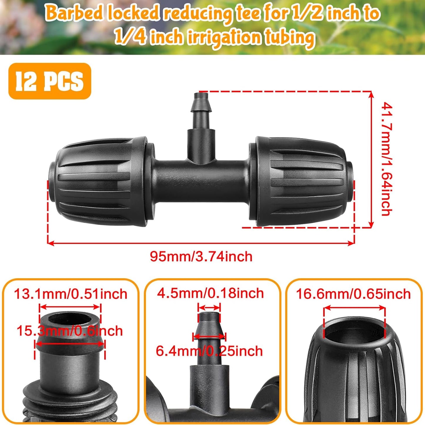 Drip Irrigation Fittings for 1/2 Inch to 1/4 Inch Tubing Reducing Tee：1/2" (1/2" ID x 0.65" OD) to 1/4" Drip Line Anti-drop Locked Nut Barbed Reducer Tee Connectors (12 Pack)