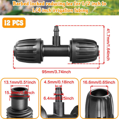 Drip Irrigation Fittings for 1/2 Inch to 1/4 Inch Tubing Reducing Tee：1/2" (1/2" ID x 0.65" OD) to 1/4" Drip Line Anti-drop Locked Nut Barbed Reducer Tee Connectors (12 Pack)