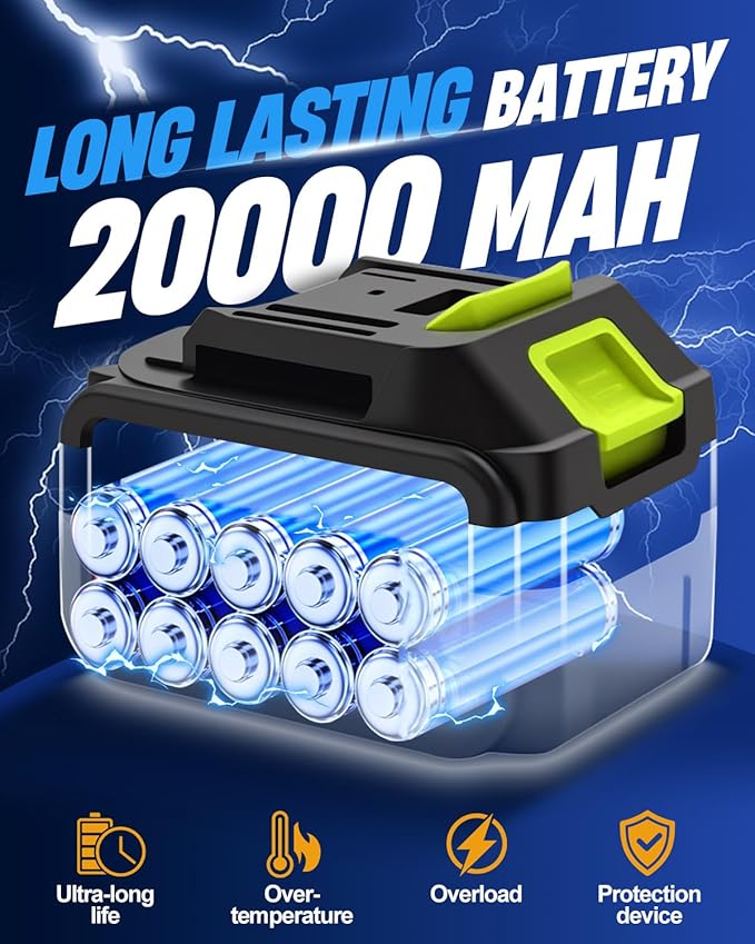 Cordless Leaf Blower with 2 X 4.0A 20000mAh Batteries Brushless Motor, Lightweight Low Decibel Turbo Jet Blower with Pro Earplugs for Patio Cleaning,Car Blowing Water, Blowing Leaves and Dust (Green)