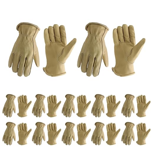 HLDD HANDLANDY 2 Pairs Cowhide Leather Work Gloves with Reinforced Palm for Men & Women (Light Brown-12pairs, Medium (Pack of 12))
