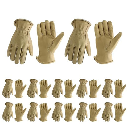 HLDD HANDLANDY 2 Pairs Cowhide Leather Work Gloves with Reinforced Palm for Men & Women (Light Brown-12pairs, Large (Pack of 12))