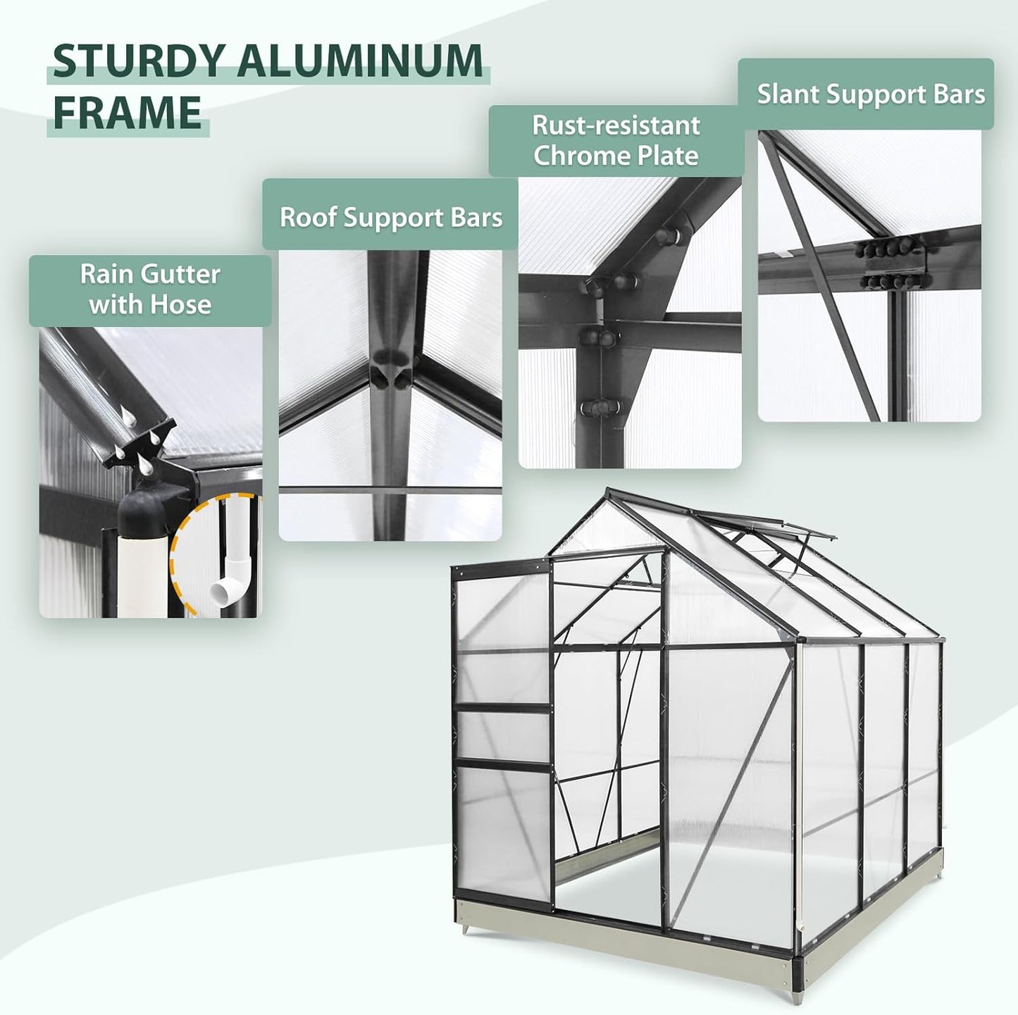 EAGLE PEAK 6x6x7 Outdoor Walk-in Hobby Greenhouse with Adjustable Roof Vent and Rain Gutter, Base and Anchor, Polycarbonate Aluminum Green House for Backyard Garden, Gray