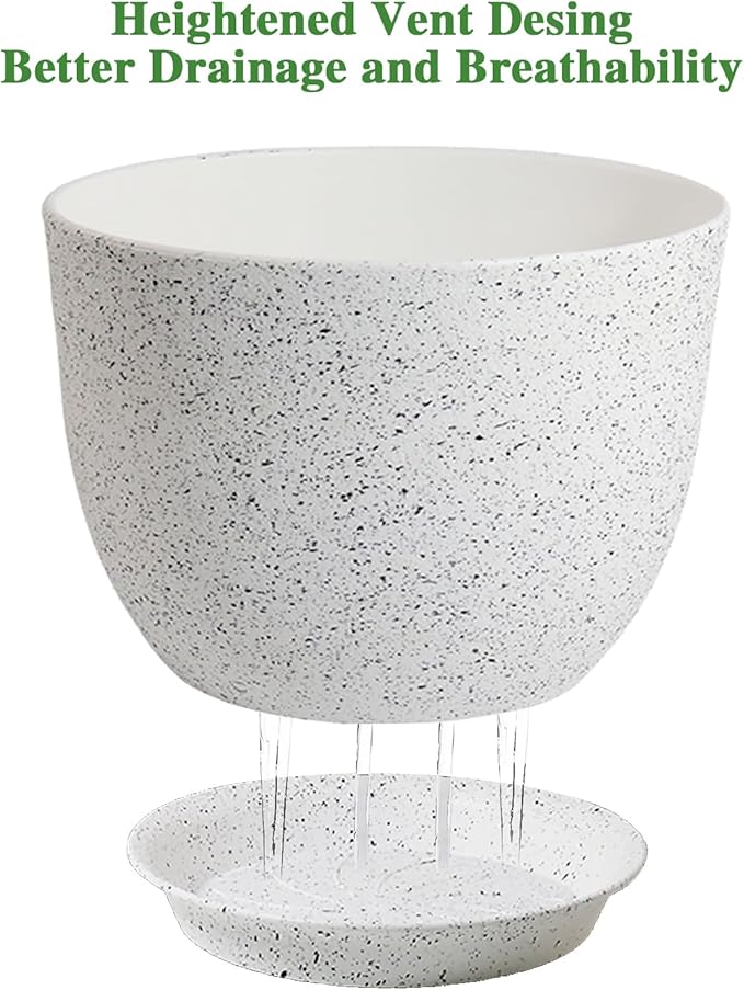 12inch Large Plant Pot, Modern Plastic Planter with High Driange Holes and Saucer for Indoor Outdoor Garden Plants and Flowers, White Speckles
