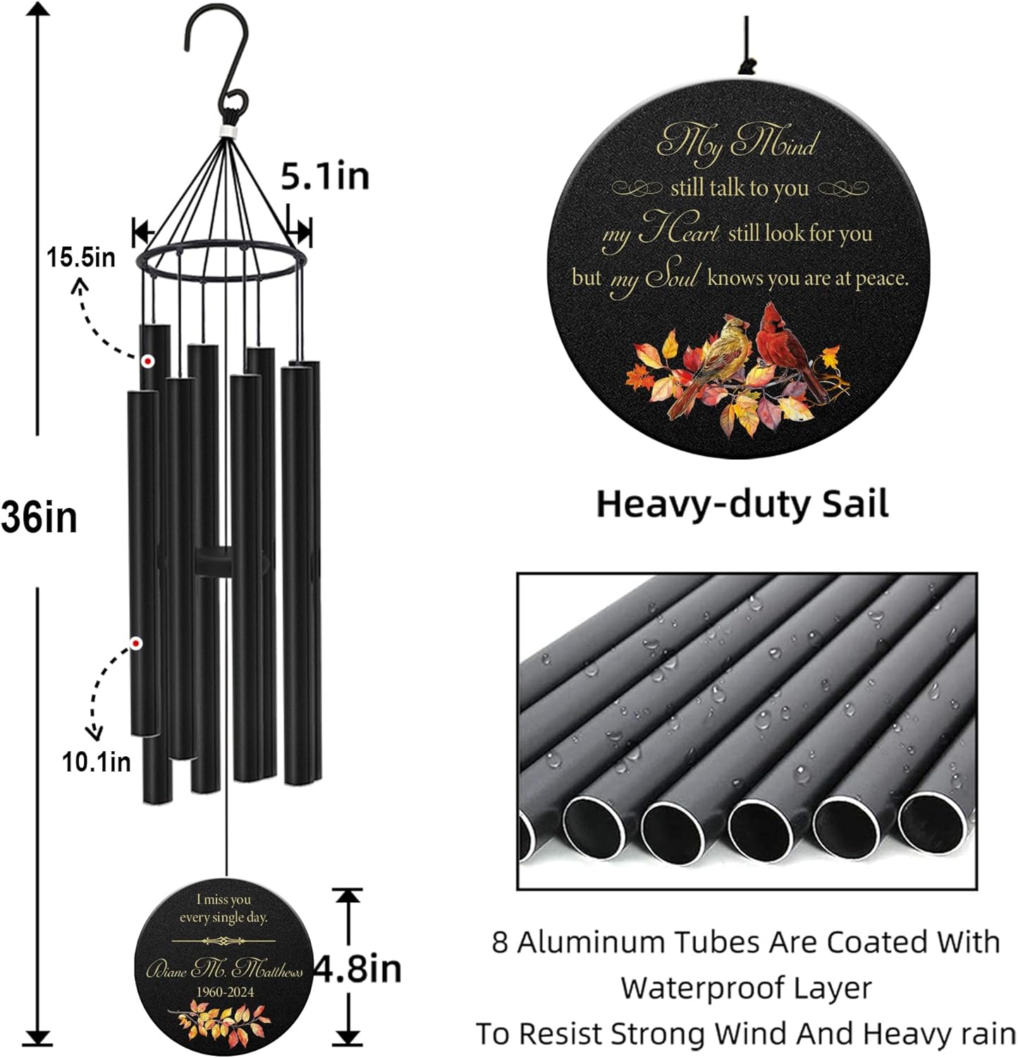 Personalized 36" Memorial Wind Chimes for Outside, Sympathy and Bereavement Gift for Loss of Loved One, A Thoughtful Remembrance of Mother, Father or Husband for Garden and Patio