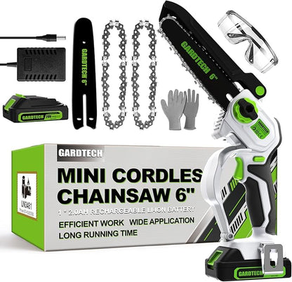 Gardtech Mini Chainsaw Cordless 6 Inch - Portable Electric Chainsaw Cordless Battery Powered, Handheld Small Chain Saw with 2-side Security Lock [Southpaws Friendly] for Wood Cutting, Pruning Branches