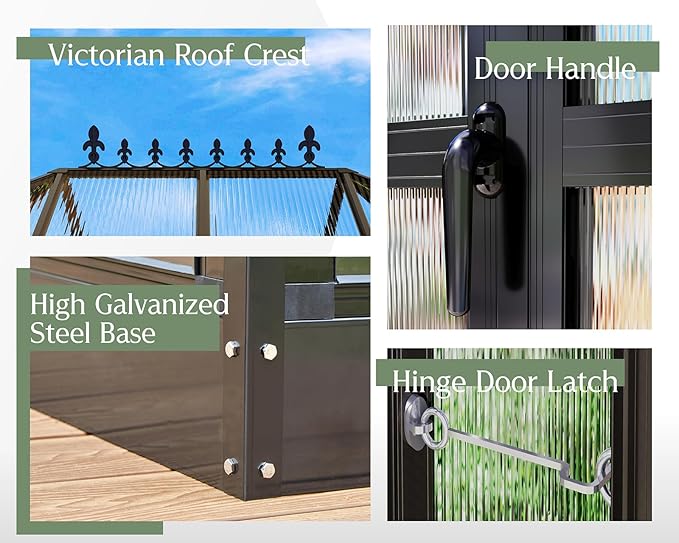 Jocisland 14x9.5x9 FT Outdoor Aluminum Greenhouse with Quick Connect Fittings, 6 FT Height Double Doors with Hook, Polycarbonate Walk-in Greenhouse for Backyard, Black