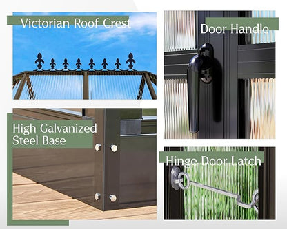 Jocisland 14x9.5x9 FT Outdoor Aluminum Greenhouse with Quick Connect Fittings, 6 FT Height Double Doors with Hook, Polycarbonate Walk-in Greenhouse for Backyard, Black