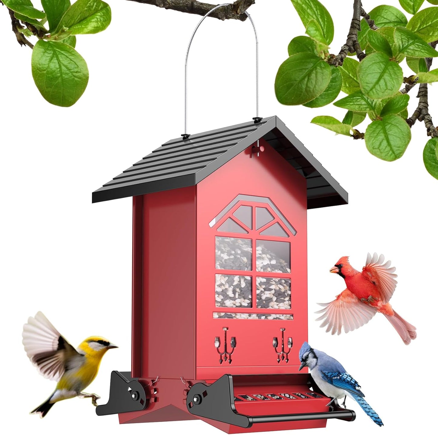 Squirrel Proof Bird Feeders for Outdoors Hanging, 5LBS Large Capacity, Metal Wild Seed Feeder with Bilateral Weight-Activated Perches, Anti Squirrel Birdfeeder for Outside Finch, Cardinal- Red