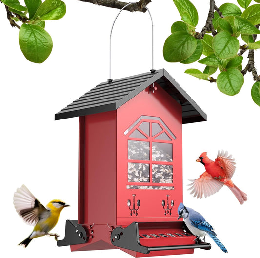 Squirrel Proof Bird Feeders for Outdoors Hanging, 5LBS Large Capacity, Metal Wild Seed Feeder with Bilateral Weight-Activated Perches, Anti Squirrel Birdfeeder for Outside Finch, Cardinal- Red