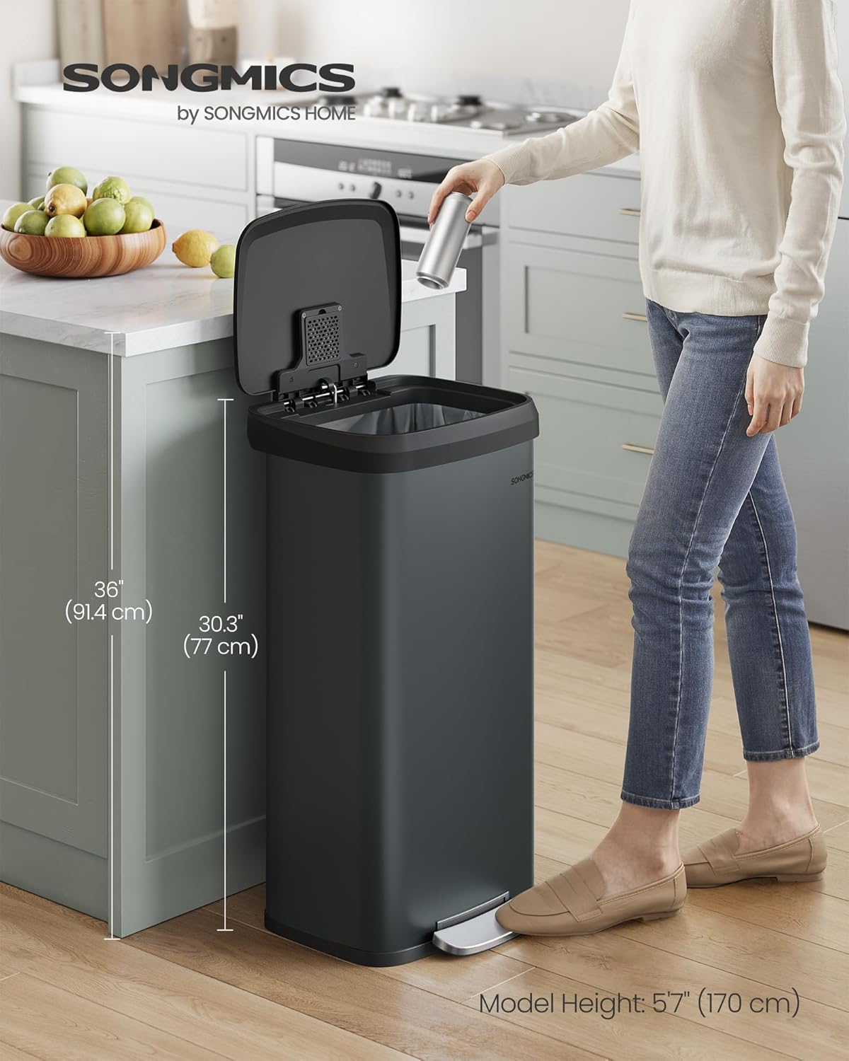 SONGMICS Kitchen Trash Can, 18-Gallon Stainless Steel Garbage Can, with Stay-Open Lid and Step-on Pedal, Soft Closure, Tall, Large and Space-Saving, Charcoal Gray and Black ULTB520G01