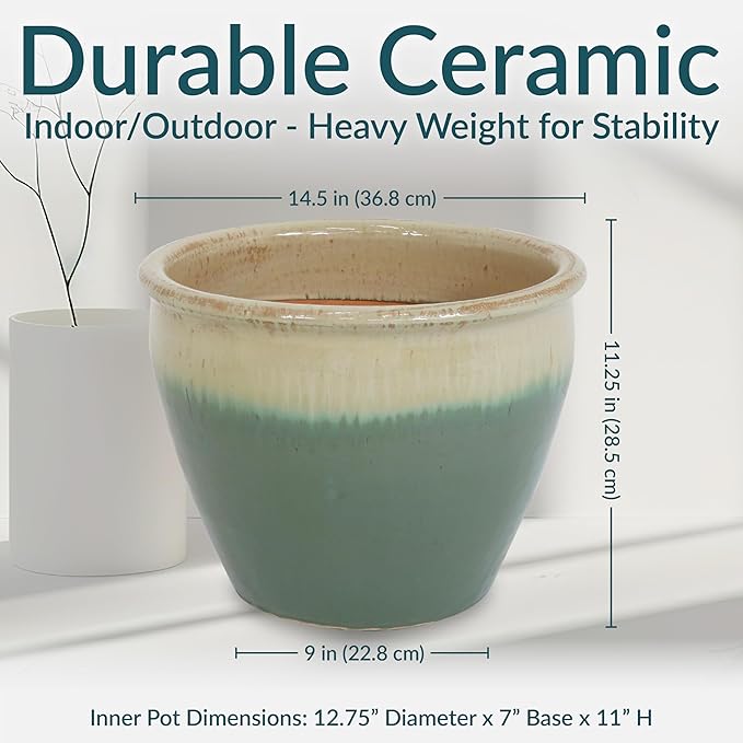 Sunnydaze Large Ceramic Plant Pot - Round Outdoor Glazed Ceramic Planter Pot with Drainage - Chalet - Seafoam - 14.5"