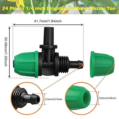 Upgraded Drip Irrigation Fittings for 1/4 inch Tubing to 6mm Flat Mouth: Lock Barbed Nozzle Tee Connectors for Connecting Micro Atomizing Nozzle for Garden Greenhouse Misting (24 Pack)