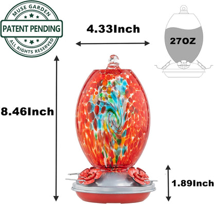 Muse Garden Glass Humming Bird Feeders for Outdoors - 27OZ Blown Glass Hummingbird Feeder - Unique Gift for Mom Women Grandparents, Outdoors Hanging Garden Decor, Includes Ant Moat & Brush, Red Swirl