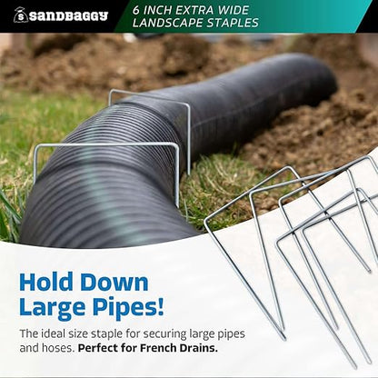 Sandbaggy 6" Wide Landscape Staples - Extra Heavy Duty: 7 Gauge Galvanized Steel - Hold Down Pipes, Landscape Fabric, Ground Cover, Erosion Control Netting, Sod, & Turf (300, 6" W x 8" L)