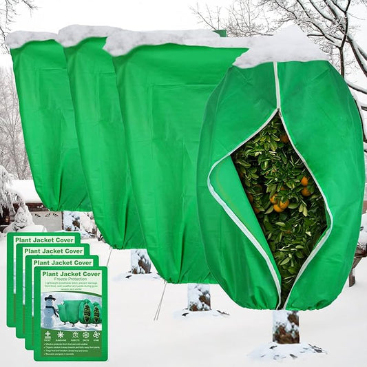 SPORTYOUTH 4 Pack Plant Covers Freeze Protection, 32" x 47.2" Winter Frost Blankets Cloth with Zipper Drawstring, 2.4 oz Reusable Jacket Cover Bags for Outdoor Plants Shrub Bush Tree Potted