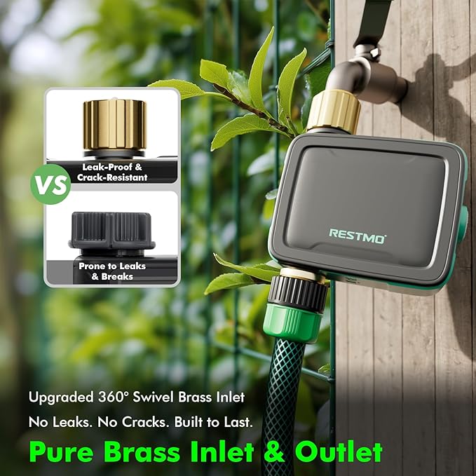RESTMO Smart Sprinkler Timer with Flow Meter, Water Timer for Garden Hose, Brass Inlet & Outlet, Automatic Lawn & Yard Irrigation Watering System, APP Remote Control (RF Hub + WiFi Connection)