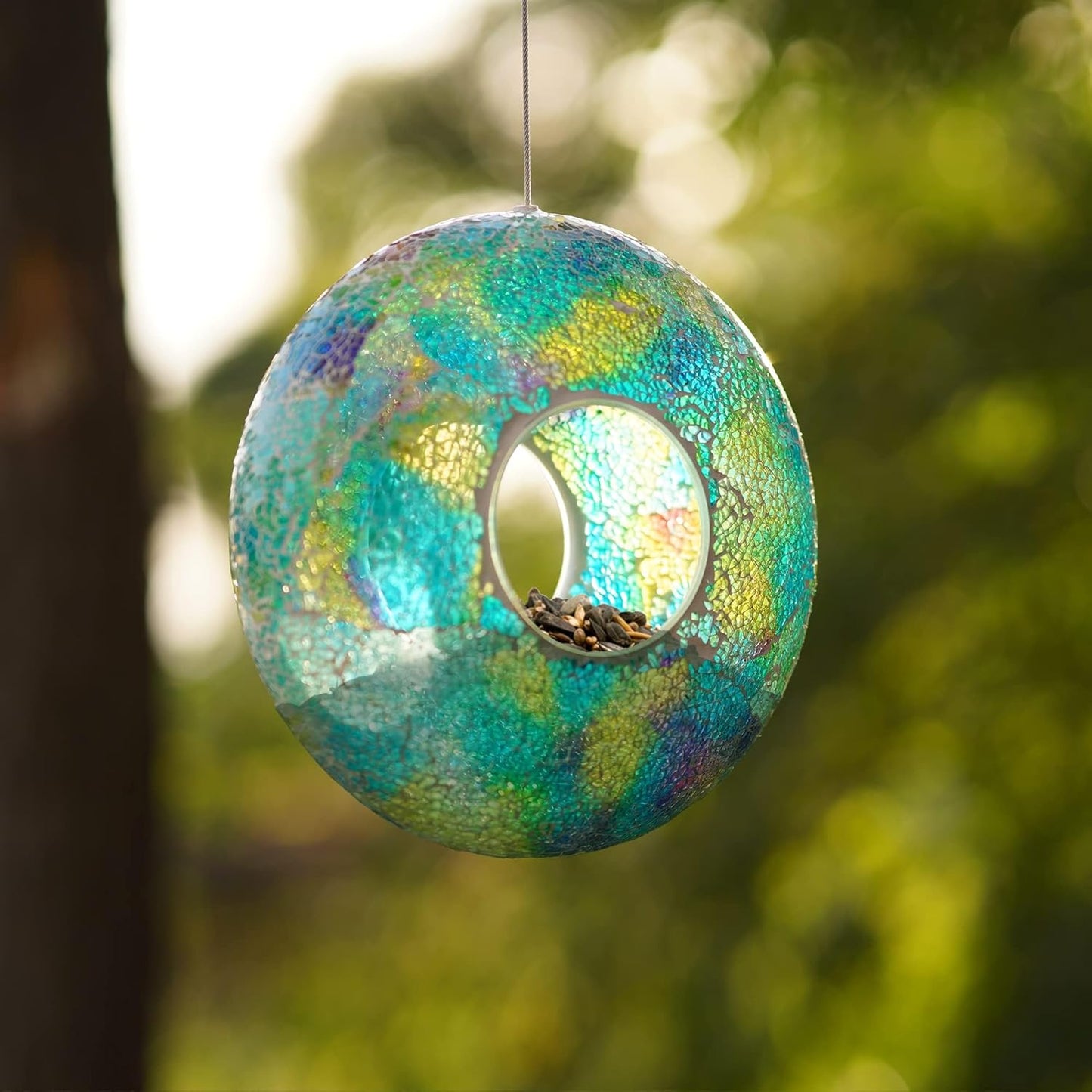 Mosaic Bird Feeder - Outdoor Fly Through Wild Hanging Bird Feeders with Mosaic Glass Design, 9 Inch, Blue