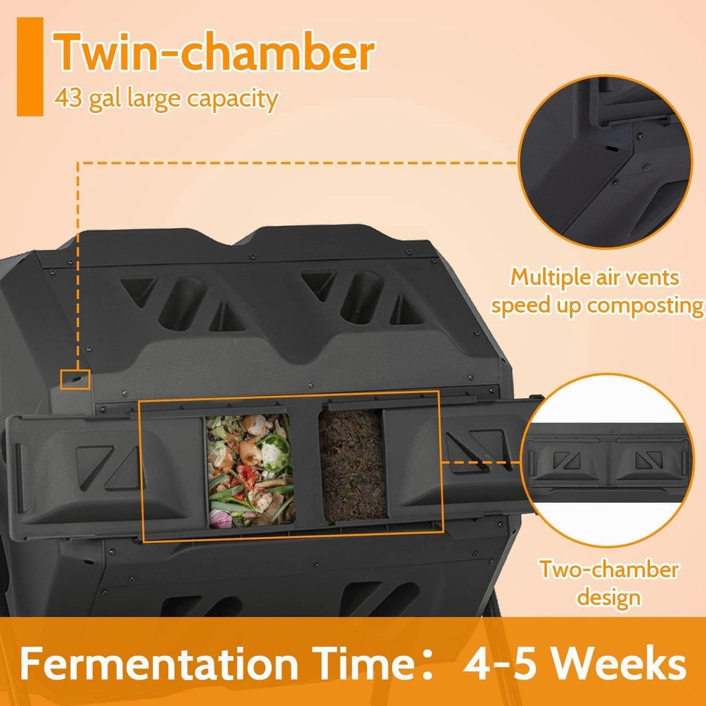 Outdoor Dual Chamber Tumbling Composter - 43 Gallon Compost Tumbling Bin,360° Compost Tumbler Bucket Trash Can,Composter BPA Free Dual Chamber Composting Rotating for Garden Yard (Black)…