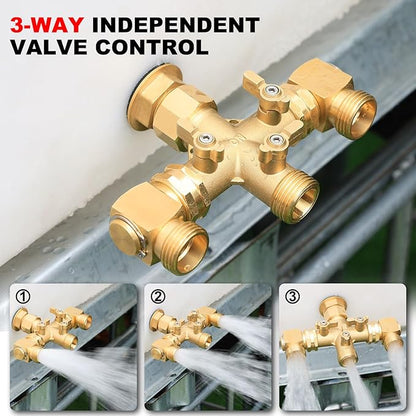Garden Hose Splitter High Flow Splitter with Swivel elbow Connect Brass Hose Splitter with Shut Off Valves 3 way Hose Bib Adapter (with Swivel elbow)