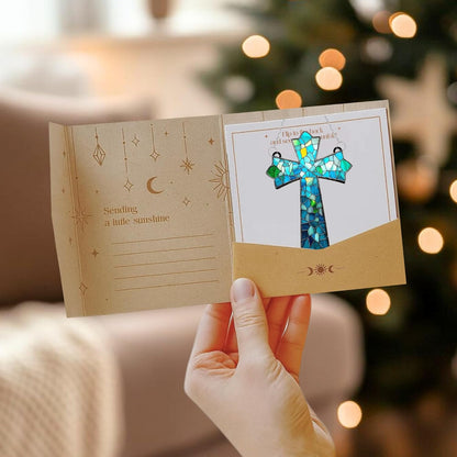 Mosaic Cross Acrylic Suncatcher Stained Glass Effect Window Car Hanging Christmas Ornament Indoor Outdoor Decor Garden Jesus Sun Catcher Panels for Family Christmas Jesus Gift for Women Mom Grandma