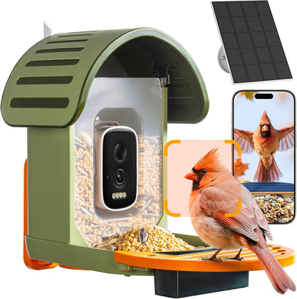 Smart Bird Feeder with Camera, 2.5K UHD Bird Feeder Camera Solar Powerd, Sensitive AI Identification, Instant Alerts Capture Video, IP66 Waterproof for Outdoor, Ideal Gift, Green