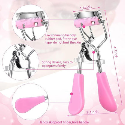 17 Pcs Eyelash Curlers Kit Lash Curler Eyelash Comb Seperator Extension Tweezers Eyebrow Brush Scissors False Eyelashes Applicator Eyebrow Trimmer Silicone Refills Pads for Women(Pink)