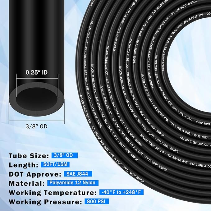 3/8" DOT Air Line with 22 Pcs Quick Connect Air Fittings Kit 50FT 3/8 DOT Air Lines with Push Lock Air Line Fittings Pneumatic Push to Connect Air Hose Fittings