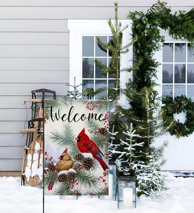Welcome Christams Garden Flags for Outside Decoration, Cardinal Pine Twigs Berry Small Yard Flag, Seasonal Farmhouse Winter Xmas Holiday Outdoor Decor 12x18 Inch Vertical Double Sided
