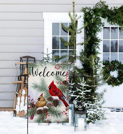 Welcome Christams Garden Flags for Outside Decoration, Cardinal Pine Twigs Berry Small Yard Flag, Seasonal Farmhouse Winter Xmas Holiday Outdoor Decor 12x18 Inch Vertical Double Sided