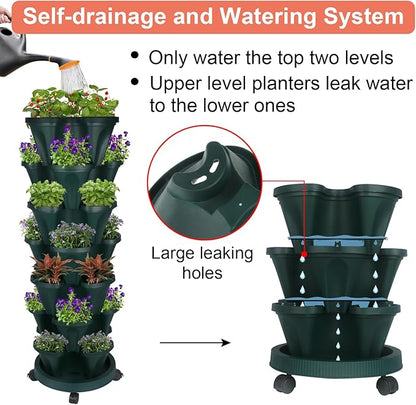 Vertical Planter 7 Tier Stackable Planters Garden Planters Strawberry Herb Flower and Vegetable Planter Indoor Outdoor Gardening Pots with Removable Wheels and Tools