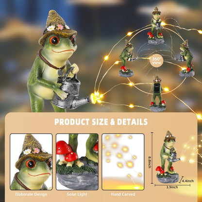 Solar Frog Statue for Garden with Watering Can Light 8.8" Resin Frog Figurine Outdoor Patio Porch Yard Decor Unique Birthday Housewarming Gifts for Women Mom Grandma Wife Sister