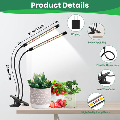 Garpsen Grow Lights for Indoor Plants, 2 Heads Full Spectrum LED Plant Grow Lights, 40 LEDs Clip on Plant Light for Small Plants with Auto on/Off Timer Setting(6/12/16H), 5 Level Dimmable