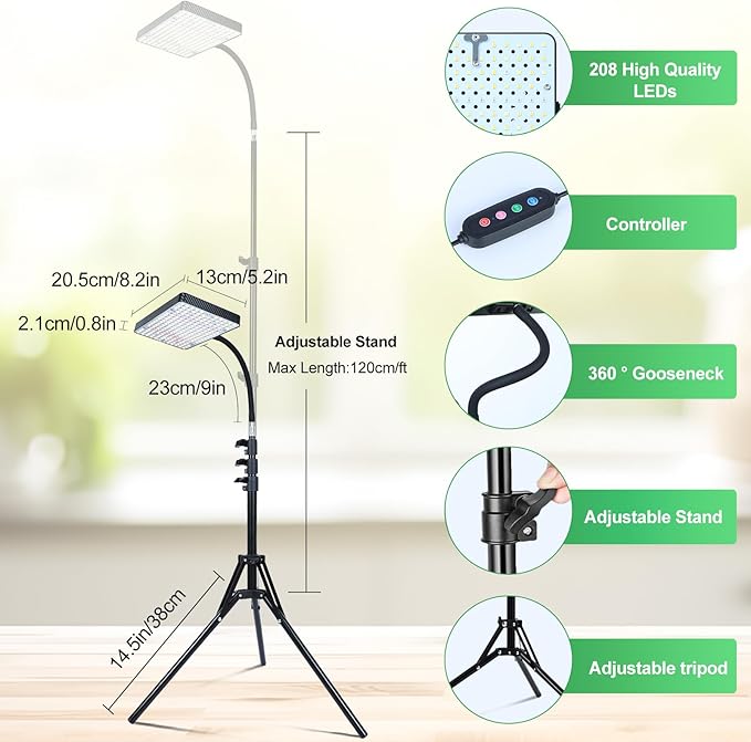 25W Grow Lights for Indoor Plants, Seed Starting, Bonsai with Stand and Timer Auto On/Off, 2500 Lumen Enough Bright Like A Small Sun for Your Jungle, Daisy Chain Function, 40"-64" Height Adjustable