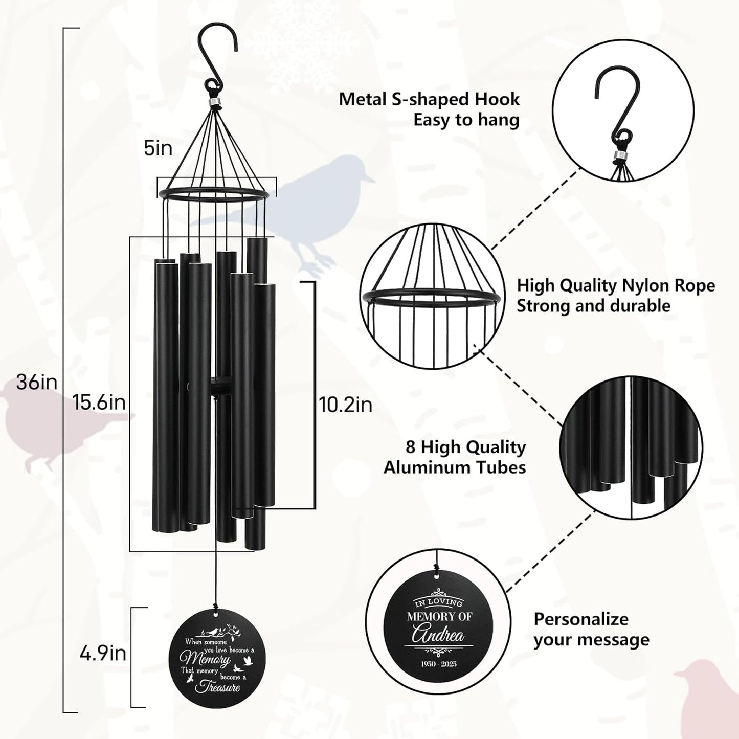 Personalized 36" Memorial Wind Chimes, Bereavement Gift to Honor a Loved One's Remembrance, Sympathy Gift for Loss of Mother Father Husband, for Outdoor Garden