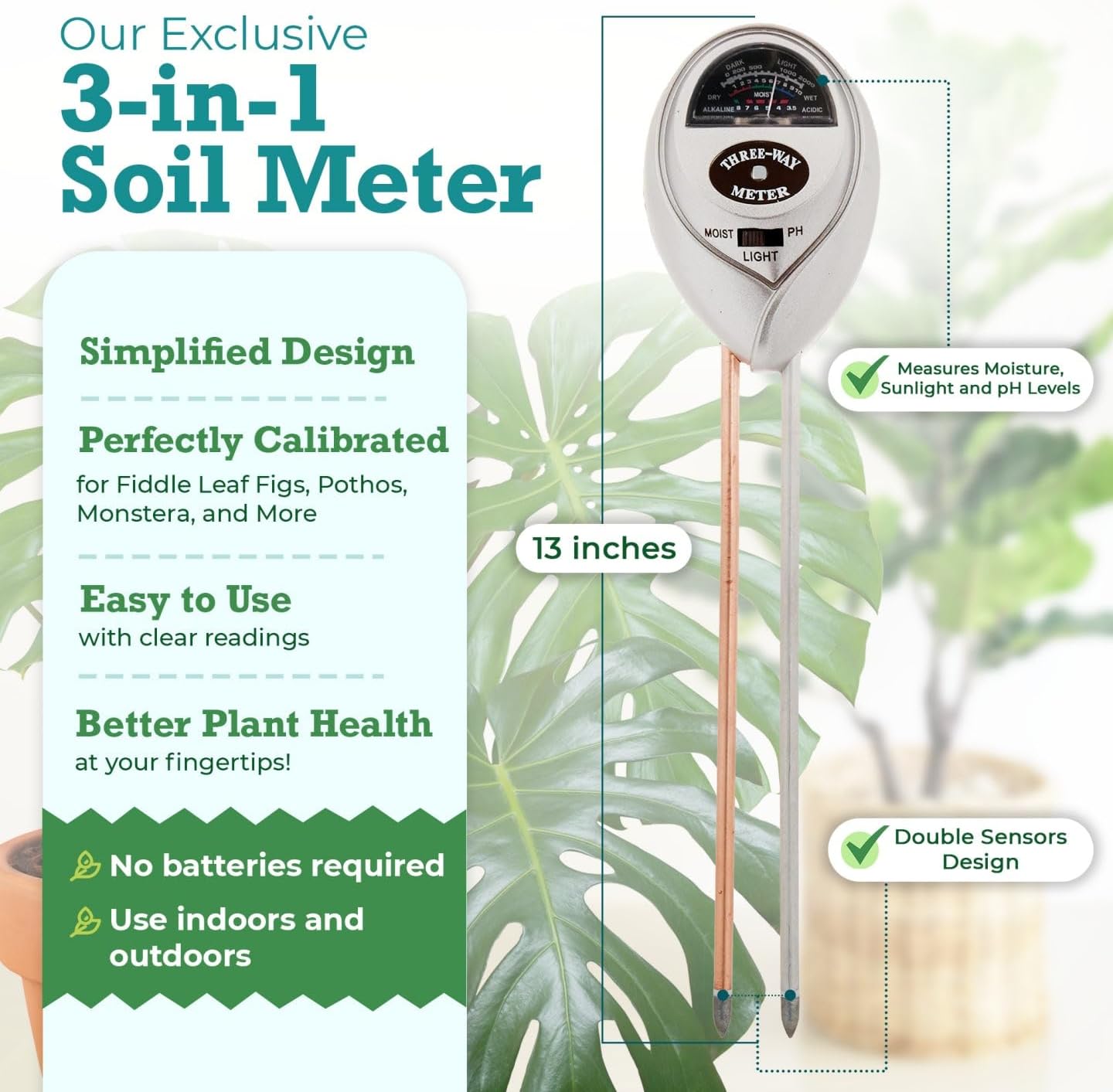 Houseplant Health Meter – 3-in-1 Tool to Prevent Overwatering, Root Rot & Leaf Burn | Test Soil Moisture, Sunlight & pH | Simple, Easy, Battery-Free | Suitable for Indoor, Outdoor & Potted Plants