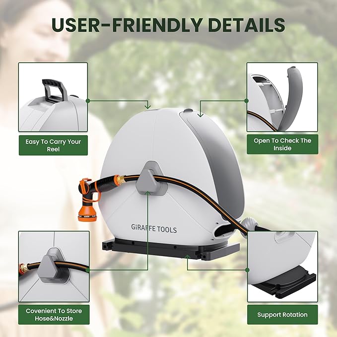 Giraffe Tools Ground Mounted Retractable Hose Reel 1/2 Inch x 82FT, Heavy Duty Automatic Rewind Garden Hose Reel, with Flexible Swivel Base for Lawn, Concrete Floor