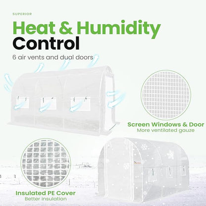 KING BIRD Premium 10x6.6x6.6FT Greenhouse for Outdoors, Large Walk-in Heavy Duty Galvanized Steel Frame, Mesh Door Screen Window Upgraded Zipper Tunnel Hoop for Garden Plant Winter, White