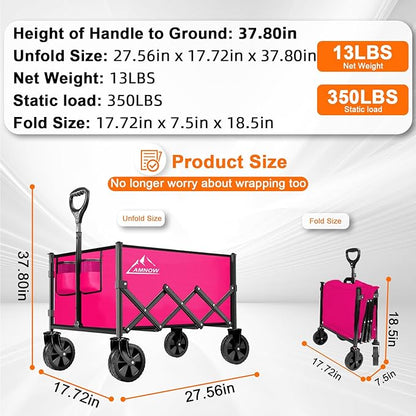 Collapsible Folding Wagon Cart, 350LBS Utility Large Capacity Cart Foldable Wagon with All Terrain Wheels, Grocery Wagons Carts for Garden Shopping Sports Camping, Rose